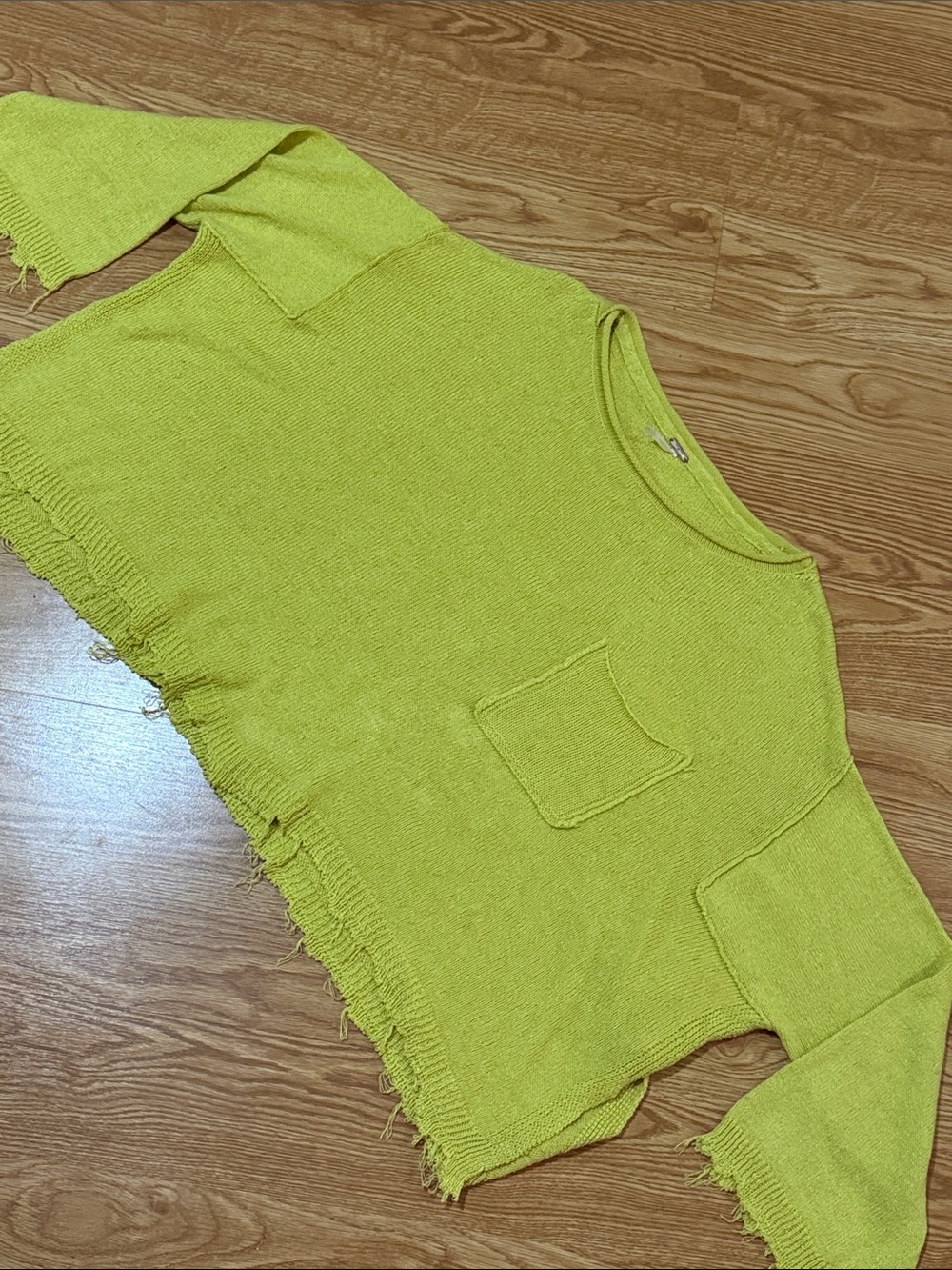 Free People Lime Green Off-Shoulder Frayed-Hem Sweater